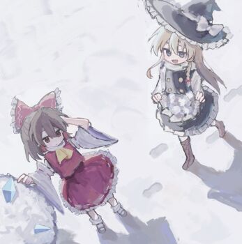  2girls :d apron ascot bare_shoulders black_shoes black_skirt black_vest blonde_hair blue_eyes boots bow braid brown_boots brown_eyes brown_hair detached_sleeves expressionless frills from_above hair_between_eyes hair_tubes hakurei_reimu hand_on_own_head hat highres ice kirisame_marisa long_hair looking_at_another maruten_moko medium_hair multiple_girls open_mouth parted_lips red_bow red_shirt red_skirt shirt shoes skirt sleeveless sleeveless_shirt smile snow snowman socks touhou vest white_socks witch_hat yellow_ascot 
