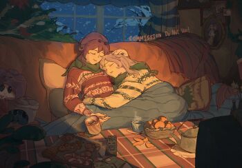  2girls basket cake_cat_(honkai:_star_rail) christmas christmas_tree coffee_mug commentary commission couch couple cup english_commentary food fruit grey_hair hair_between_eyes highres holding holding_cup honkai:_star_rail honkai_(series) indoors kafka_(honkai:_star_rail) leaning_on_person mug multiple_girls on_couch picture_frame purple_hair shade sitting sleeping stelle_(honkai:_star_rail) table tonya12138 trailblazer_(honkai:_star_rail) yuri 