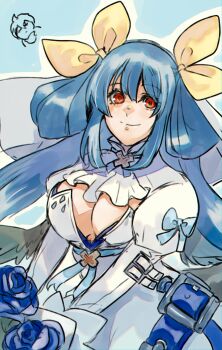  belt blue_flower blue_hair bouquet breasts bridal_veil cleavage commentary_request cosplay dizzy_(guilty_gear) dress elphelt_valentine elphelt_valentine_(cosplay) flower guilty_gear hair_ribbon hair_rings highres holding holding_bouquet large_breasts long_hair looking_at_viewer nishimoto red_eyes ribbon sidelocks smile veil wedding_dress wings yellow_ribbon 