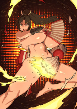  1girl breasts brown_eyes brown_hair completely_nude convenient_censoring dress fatal_fury female_focus fire hand_fan highres hotsaurus huge_breasts looking_at_viewer nude ponytail shiranui_mai the_king_of_fighters thick_thighs thighs torn_clothes torn_dress undressing wide_hips  rating:Sensitive score:26 user:JamesJoestar
