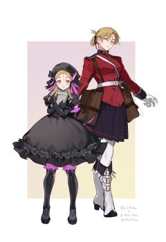  2girls blonde_hair blush book boots braid chi.:_chikyuu_no_undou_ni_tsuite commentary_request cosplay dress fate/grand_order fate_(series) florence_nightingale_(fate) florence_nightingale_(fate)_(cosplay) full_body gloves hair_ribbon hat highres holding holding_book jacket jolenta long_hair long_sleeves looking_at_viewer multiple_girls nursery_rhyme_(fate) nursery_rhyme_(fate)_(cosplay) pantyhose ribbon sakitsu skirt smile standing twin_braids updo yellow_eyes 