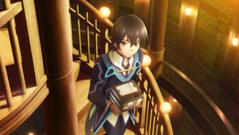  1boy artist_request black_hair black_pants book brown_eyes brown_gloves closed_mouth cowboy_shot from_above game_cg gloves highres holding holding_book jude_mathis library looking_at_viewer official_art pants short_hair smile solo spiral_staircase stairs standing tales_of_(series) tales_of_crestoria tales_of_xillia third-party_source wall_lamp wooden_stairs 