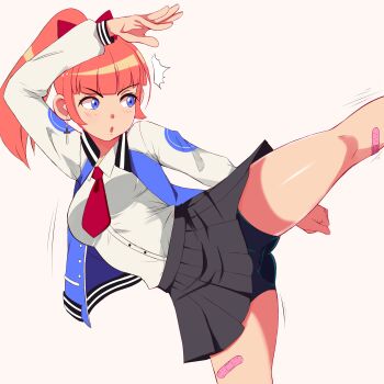  1girl :o bandaid bandaid_on_leg blue_eyes blush bow breasts gluteal_fold jacket kicking kunio-kun_series kyoko_(kunio-kun) long_hair long_sleeves necktie open_clothes open_jacket orange_hair ponytail red_bow river_city_girls school_uniform shorts shorts_under_skirt sombra222 standing standing_on_one_leg 