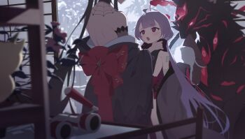  2girls absurdres arm_wrap black_kimono blue_archive bow commentary dressing_another halo highres japanese_clothes kimono kokuriko_(blue_archive) kurokage_(blue_archive) long_hair long_sleeves looking_at_another manew multiple_girls off_shoulder open_mouth plant potted_plant purple_hair red_bow red_eyes red_halo scarf shelf shouji shuro_(blue_archive) sliding_doors standing untranslatable_commentary wolf 