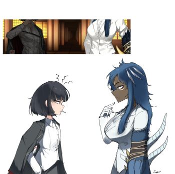  2girls black_hair black_jacket blue_eyes blue_hair blunt_ends breast_envy breasts cigarette collared_shirt dark-skinned_female dark_skin eye_contact formal_clothes game_screenshot_inset gloves hand_in_pocket iany8030 jacket jacket_on_shoulders large_breasts lcb_uniform_(project_moon) light_smile limbus_company looking_at_another multiple_girls project_moon red_eyes rufo_(project_moon) ryoshu_(project_moon) screenshot_inset shirt signature simple_background suit very_dark_skin white_background white_gloves white_shirt white_suit 
