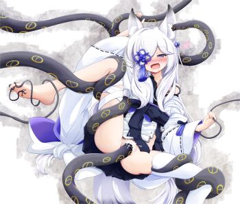  animal_ear_fluff animal_ears azur_lane blue_eyes bound bound_legs bow breasts c-rabbit commentary_request cum grabbing_another's_thighs highres japanese_clothes kasumi_(azur_lane) kimono long_hair pantyhose sex small_breasts tentacles white_background white_hair white_kimono 
