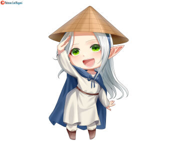  1girl :d absurdres artist_name belt blue_cape boots brown_boots cape chibi cloak commission commissioner_upload dress elf full_body green_eyes hairband hat highres long_hair long_sleeves looking_at_viewer lori_hagami official_art open_mouth patreon_logo patreon_username pointy_ears rice_hat salute simple_background smile solo standing straw_hat taael_myrthnddare ways_of_darkness_(series) white_background white_dress white_hair 