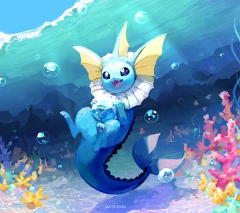  air_bubble animal_focus artist_name blue_eyes bubble coral dated fangs gen_1_pokemon highres looking_at_viewer natx-chan nintendo no_humans open_mouth pokemon pokemon_(creature) signature smile solo underwater vaporeon water  rating:General score:2 user:danbooru