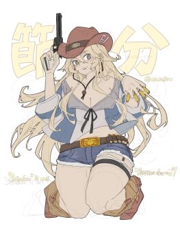  1girl ammunition blonde_hair blue_eyes blue_shorts blush boots breasts brown_boots brown_hat colt_single_action_army commentary_request cowboy_boots cowboy_hat cowgirl_(western) cutoffs denim denim_shorts finger_on_trigger gun handgun handgun_cartridge hat highres iowa_(kancolle) iowa_(setsubun)_(kancolle) kantai_collection large_breasts long_hair looking_at_viewer official_alternate_costume oso_(toolate) revolver shirt shorts solo star-shaped_pupils star_(symbol) striped_clothes striped_shirt symbol-shaped_pupils thigh_strap translation_request weapon 