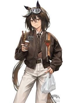  1girl absurdres alternate_costume animal_ears belt black_belt black_hair black_necktie brown_coat brown_eyes brown_hair brown_vest coat collared_shirt commentary cup disposable_coffee_cup disposable_cup ear_covers english_commentary food gilmuk goggles goggles_on_head hair_between_eyes highres holding holding_cup horse_ears horse_girl horse_tail long_hair looking_at_viewer multicolored_hair necktie pants parted_lips shirt shish_kebab simple_background smile solo stay_gold_(umamusume) streaked_hair tail umamusume vest white_background white_hair white_pants white_shirt 