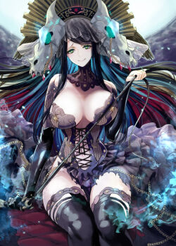  1girl black_hair breasts cleavage closed_mouth commentary_request commission greek_mythology green_eyes hecate_(lord_of_vermilion) holding holding_whip large_breasts long_hair lord_of_vermilion sitting skeb_commission smile solo takechi_akinobu thighs very_long_hair whip 