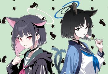  2girls animal_ears bakeneko black_choker black_eyes black_hair black_jacket black_nails blue_archive blue_halo blue_haori blue_neckerchief cat_ears cat_girl cat_tail choker colored_inner_animal_ears colored_inner_hair commentary_request dango food gradient_tail green_sailor_collar hair_ornament hairclip halo haori highres holding holding_food hood hood_down jacket japanese_clothes kazu_sasuki kazusa_(blue_archive) kikyou_(blue_archive) kimono_on_shoulders looking_at_viewer macaron multicolored_hair multiple_girls multiple_tails neckerchief outline parted_lips pink_hair purple_background red_eyes red_neckerchief sailor_collar school_uniform serafuku short_hair sidelocks simple_background smile tail two-tone_hair two_tails upper_body wagashi white_outline 