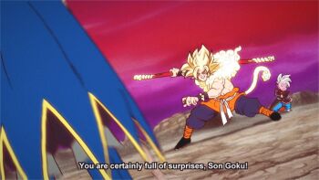  ashofourtime blonde_hair cloud dragon_ball dragon_ball_daima fake_screenshot fighting_stance gradient_sky holding holding_polearm holding_weapon kaioushin long_hair monkey_tail muscular muscular_male polearm purple_sky red_sky shin_(dragon_ball) sidelocks sky son_goku tagme tail topless_male weapon wristband 