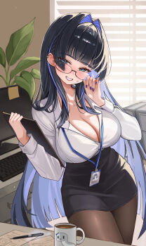  absurdres black_skirt blue_eyes blue_hair blush breasts cleavage colored_inner_hair commentary earrings glasses grin hair_intakes highres hololive hololive_english indoors jewelry long_hair long_sleeves looking_at_viewer monitor multicolored_hair nail_polish name_tag office office_lady ouro_kronii pantyhose pencil_skirt shirt skirt smile standing table very_long_hair virtual_youtuber white_shirt wuku_(5kukuu) 