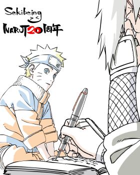  2boys commentary_request flak_jacket forehead_protector highres jacket jiraiya_(naruto) konohagakure_symbol looking_at_another male_focus multiple_boys naruto_(classic) naruto_(series) orange_jacket sekibeing spiked_hair teacher_and_student uzumaki_naruto writing 