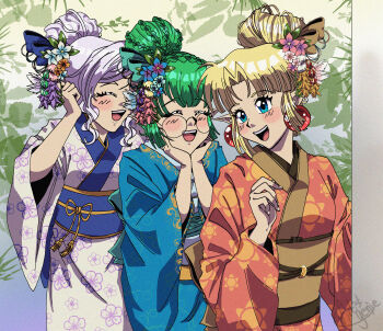  1990s_(style) 3girls alternate_costume alternate_hairstyle bespectacled blonde_hair blue_dress blue_eyes blush breasts commission commissioner_upload deltaflareon dress earrings elf euphemy_sylvaine fake_screenshot film_grain flat_chest floral_print flower glasses green_eyes green_hair hair_bun hair_flower hair_ornament hands_on_own_cheeks hands_on_own_face highres japanese_clothes jewelry kimono large_breasts lotte_farona multiple_girls nemezish obi official_art open_mouth orange_dress pointy_ears purple_hair retro_artstyle robe round_eyewear sash signature single_hair_bun smile ways_of_darkness_(series) white_dress yukata 
