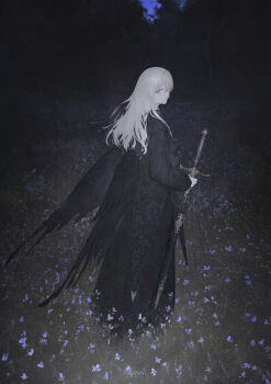  1girl absurdres black_dress commentary dark dress feathered_wings from_side full_body highres holding holding_sword holding_weapon long_hair looking_at_viewer looking_to_the_side original outdoors pale_skin sheath sheathed sideways_glance solo standing sword weapon white_eyes white_hair wings yuzu_(yuzusuke10) 