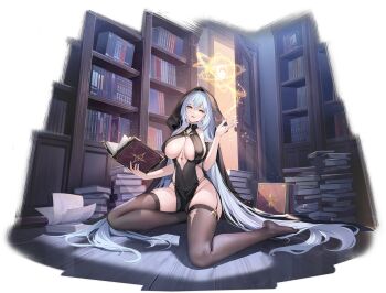 1girl absurdly_long_hair areola_slip arkhangelsk_(azur_lane) arkhangelsk_(supporting_sorceress)_(azur_lane) artist_request azur_lane bare_shoulders between_breasts black_dress black_garter_straps black_thighhighs blue_hair blush book book_stack bookshelf breasts brown_thighhighs cleavage clothing_cutout covered_navel dress feet full_body garter_straps hair_between_eyes highres holding holding_book hood hood_up indoors jewelry large_breasts legs library long_hair looking_at_viewer magic magic_circle no_bra no_panties no_shoes non-web_source official_alternate_costume official_art on_floor open_book pelvic_curtain pillow revealing_clothes sitting skindentation smile solo thick_thighs thighhighs thighs torn_clothes torn_thighhighs transparent_background very_long_hair wooden_floor yellow_eyes yokozuwari rating:Sensitive score:21 user:danbooru