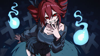  1girl belt black_belt black_choker black_pantyhose black_ribbon black_skirt bra_strap breasts choker collarbone commentary cross drill_hair dryegen english_commentary grey_sweater grin hair_between_eyes hair_ribbon hand_up highres hitodama kasane_teto large_breasts leaning_to_the_side looking_at_viewer off_shoulder pantyhose parted_lips pleated_skirt red_eyes red_hair ribbon shirt_tucked_in short_hair skirt smile solo striped_clothes striped_sweater sweater tombstone torn_clothes torn_pantyhose twin_drills utau 