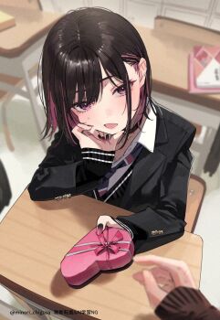  2girls black_hair black_jacket black_nails black_sweater blurry blurry_background blush box chigusa_minori classroom collared_shirt colored_inner_hair commentary_request depth_of_field desk female_pov gradient_nails head_rest heart-shaped_box highres jacket long_sleeves lower_teeth_only multicolored_hair multiple_girls nail_polish open_mouth pink_hair pov purple_nails saotome_shino_(shino_to_ren) school_desk shino_to_ren shirayuki_ren shirt short_hair sleeves_past_wrists solo_focus sweatdrop sweater teeth white_shirt yuri 