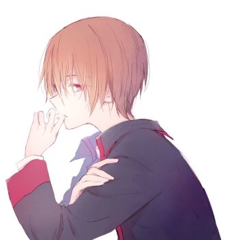  1boy black_jacket brown_hair chogi commentary_request from_side hair_between_eyes hand_to_own_mouth hand_up jacket little_busters! little_busters!_school_uniform long_sleeves male_focus natsume_kyousuke profile red_eyes school_uniform short_hair simple_background sketch solo upper_body white_background 