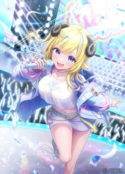  1girl :d ahoge animal_ears aqua_nails aqua_streaks belt blonde_hair blue_jacket breasts choker commentary_request concert confetti copyright_notice cropped_shirt denim denim_skirt fishnets glowstick hair_ornament hairclip holding holding_microphone hololive horns indoors jacket jewelry large_breasts looking_at_viewer medium_hair microphone midriff miniskirt multicolored_hair nail_polish navel necklace official_alternate_costume official_alternate_hairstyle official_art one_side_up open_mouth para_sitism penlight_(glowstick) purple_eyes sheep_ears sheep_girl sheep_horns shirt shoes skirt smile sneakers solo standing standing_on_one_leg streaked_hair tsunomaki_watame tsunomaki_watame_(gyaru) virtual_youtuber white_shirt white_skirt 