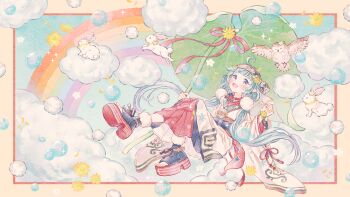  1girl bead_necklace beads bird blue_hair cloud commentary_request floating full_body happy_birthday headband highres japanese_clothes jewelry kokoroni_nonno leaf_umbrella long_hair looking_at_viewer low_twintails necklace official_art open_mouth owl platform_shoes pointy_ears rainbow red_ribbon ribbon ryokuno_green seventh_happiness solo twintails very_long_hair virtual_youtuber white_rabbit_(animal) 