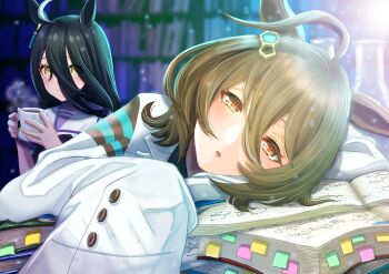  2girls agnes_tachyon_(umamusume) ahoge animal_ears beaker black_hair blush book bookmark bow bowtie brown_hair chemical_structure coat coffee_mug commentary_request cup ear_tag earrings hair_between_eyes holding holding_cup horse_ears horse_girl huge_ahoge jewelry lab_coat long_bangs long_hair long_hair_between_eyes long_sleeves looking_at_viewer manhattan_cafe_(umamusume) mug multicolored_hair multiple_girls otono_(bkt4b) parted_lips puffy_short_sleeves puffy_sleeves purple_bow purple_bowtie purple_shirt red_eyes sailor_collar sailor_shirt school_uniform shirt short_hair short_sleeves single_earring sleeves_past_fingers sleeves_past_wrists steaming_cup textless_version tracen_school_uniform umamusume white_coat white_hair white_sailor_collar wolf_cut yellow_eyes 