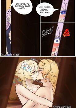  1boy 2girls aether_(genshin_impact) blonde_hair blue_eyes brother_and_sister citlali_(genshin_impact) completely_nude door english_text french_kiss heart hetero hug incest kiss kurodahlia18 lumine_(genshin_impact) multiple_girls nude peeking purple_hair siblings twincest twins twitter_username voyeur_pov  rating:Explicit score:55 user:KuroDahlia18