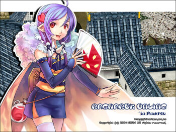  1girl 2004 architecture archived_source artist_name blue_hair blue_kimono blue_sleeves bridal_gauntlets brown_cape cape copyright_name copyright_notice drop_shadow east_asian_architecture fingernails folding_fan game_screenshot_inset h2so4 hair_ornament hair_tubes hand_fan heart heart_hair_ornament holding holding_fan japanese_clothes kimono kimono_dress long_sidelocks lower_teeth_only ninja ninja_(ragnarok_online) obi obiage obijime open_mouth outline pointy_ears ragnarok_online red_eyes ribbon-trimmed_sleeves ribbon_trim sash short_hair_with_long_locks side_slit sidelocks solo strapless_kimono swept_bangs teeth thighhighs tile_roof tongue tree watermark web_address white_outline white_thighhighs 