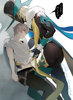  2boys against_wall ass aventurine_(boss)_(honkai:_star_rail) aventurine_(honkai:_star_rail) black_bodysuit black_gloves black_pants blonde_hair blush bodysuit boots caelus_(honkai:_star_rail) claws commentary_request covered_face embarrassed fur_scarf gloves green_boots grey_hair height_difference highres honkai:_star_rail honkai_(series) leg_between_thighs male_focus mask measuring multiple_boys okas_sava pants penis_measuring shirt straddling thigh_boots thigh_straddling trailblazer_(honkai:_star_rail) translated twitter_username white_shirt yaoi yellow_eyes 