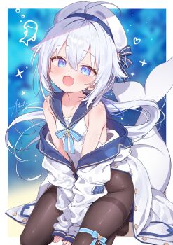  1girl :d absurdres black_pantyhose blue_eyes breasts commentary_request e-note fang fins fish_girl fish_tail hat highres jacket long_hair long_sleeves looking_at_viewer no_shoes one-piece_swimsuit open_mouth original pantyhose pantyhose_under_swimsuit skin_fang sleeves_past_wrists small_breasts smile solo swimsuit tail thighband_pantyhose white_hair white_hat white_jacket white_one-piece_swimsuit 