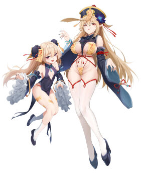  2girls absurdres alternate_costume attilio_regolo_(azur_lane) azur_lane bare_shoulders black_footwear black_headwear blonde_hair breasts center_opening china_dress chinese_clothes detached_sleeves double_bun dress flower frilled_sleeves frills full_body hair_bun hair_flower hair_ornament hat highres implacable_(azur_lane) jiangshi_costume kafeifeifeifeifeifei_jiemo_jun large_breasts long_hair long_sleeves looking_at_viewer multiple_girls nail_polish navel pelvic_curtain platform_footwear purple_flower qingdai_guanmao red_eyes revealing_clothes shoes small_breasts socks talisman thighhighs very_long_hair white_socks white_thighhighs wide_sleeves  rating:Sensitive score:43 user:danbooru