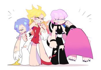  2boys 2girls asymmetrical_legwear black_nails blonde_hair blue_eyes bracelet brothers bruise bruise_on_face carrying_over_shoulder colored_inner_hair commentary cousins dress earrings english_commentary gloves gradient_hair grin hair_over_one_eye high_heels highres injury jewelry long_hair multicolored_hair multiple_boys multiple_girls panty_&amp;_stocking_with_garterbelt panty_(psg) pink_hair polyester_(psg) polyurethane_(psg) pout purple_hair red_dress red_eyes red_nails short_dress siblings sisters smile stocking_(psg) stuwor torn_clothes triangle_earrings white_gloves 