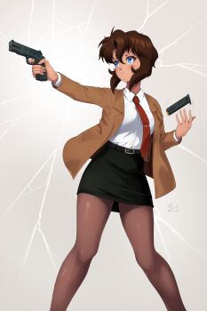  1girl belt black_belt black_skirt blue_eyes breasts brown_hair brown_jacket brown_pantyhose bullet crack cracked_glass dated feet_out_of_frame groin gun gunsmith_cats handgun highres holster jacket magazine_(object) necktie pantyhose pencil_skirt rally_vincent red_necktie shirt short_hair signature skirt smile solo two-tone_background upper_body weapon white_shirt yomitrooper  rating:Sensitive score:7 user:danbooru