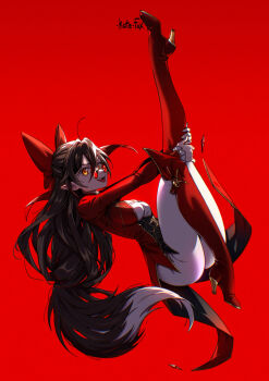  1girl artist_name ass boots bow breasts brown_hair fangs hair_between_eyes hair_bow high_heel_boots high_heels highres holding_own_leg jacket kate-fox looking_at_viewer medium_breasts midair open_mouth original paid_reward_available pants pointy_ears red_background red_boots red_bow red_jacket red_theme smile solo v-shaped_eyebrows white_pants  rating:Sensitive score:3 user:danbooru