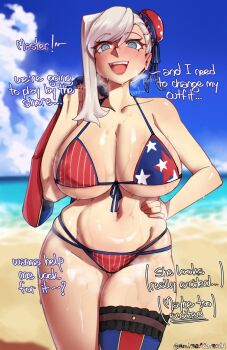  1girl american_flag american_flag_bikini american_flag_print asymmetrical_hair beach bikini blue_eyes blue_sky breasts breath bun_cover cleavage cloud english_text fate/grand_order fate_(series) flag_print flag_print_bikini hair_bun heavy_breathing highres huge_breasts long_hair miyamoto_musashi_(fate) miyamoto_musashi_(fate/grand_order) miyamoto_musashi_(swimsuit_berserker)_(fate) miyamoto_musashi_(swimsuit_berserker)_(second_ascension)_(fate) navel ocean outdoors pink_hair print_bikini print_swimsuit razorbelyy sand single_side_bun sky sweat swept_bangs swimsuit 