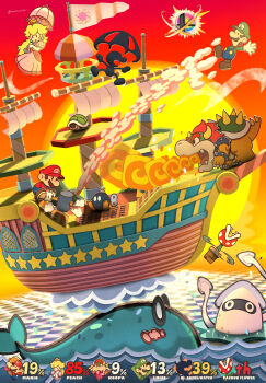 1girl 4boys armlet battle blonde_hair blooper_(mario) blue_overalls bob-omb bowser bracelet breath_weapon breathing_fire brown_hair brown_shoes character_name commentary_request crown dress earrings elbow_gloves facial_hair fangs fire flower_pot game_&amp;_watch gloves gradient_sky green_hat green_shell_(mario) green_shirt hammer hat highres holding holding_hammer holding_umbrella horns jewelry long_hair luigi maribou_(supermaribou) mario mario_(series) midair mr._game_&amp;_watch multiple_boys mustache nintendo ocean open_mouth outdoors overalls paper_bowser paper_luigi paper_mario paper_mario_(character) paper_mario_(style) paper_peach parasol pink_dress pink_umbrella piranha_plant plant potted_plant princess_peach puffy_short_sleeves puffy_sleeves red_hair red_hat red_shirt red_sky ship shirt shoes short_hair short_sleeves sky smash_ball sphere_earrings spiked_armlet spiked_bracelet spiked_shell spikes sun super_smash_bros. turtle_shell twitter_username umbrella watercraft whale white_gloves 