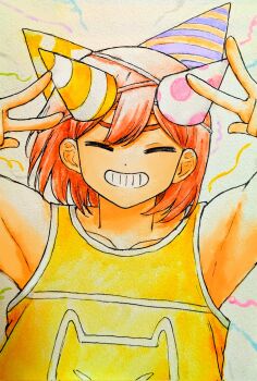  1boy :d ^_^ armpits arms_up bare_arms bare_shoulders closed_eyes collarbone commentary confetti dark-skinned_male dark_skin dot_nose double-parted_bangs double_w english_commentary facing_viewer grey_background grin hair_behind_ear hair_between_eyes happy_birthday hat highres kel_(faraway)_(omori) kel_(omori) male_focus mimn_(kdjgxrt1xt69701) multiple_hats omori open_mouth orange_hair orange_hat party_hat pink_hat polka_dot_headwear purple_hat short_hair simple_background smile solo star_(symbol) star_print straight-on striped_clothes striped_hat striped_headwear tank_top traditional_media two-tone_hat two-tone_headwear upper_body v-shaped_eyebrows w white_hat yellow_hat yellow_tank_top yellow_trim 