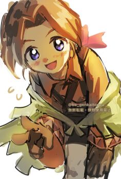  1boy androgynous bow brown_hair commentary_request fringe_trim gloves highres looking_at_viewer male_focus open_mouth orange_shirt poncho ribbon sakakai_toppa shirt shorts smile solo tim_rhymeless trap v wild_arms wild_arms_2 