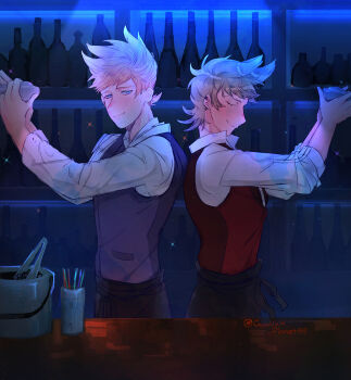  2boys alternate_costume animification antenna_hair apron artist_name back-to-back bar_(place) bartender black_apron blue_eyes bottle brown_hair closed_eyes collared_shirt commentary dated_commentary eddsworld flipped_hair formal_clothes gyuuum_planet99 hair_ears hands_up highres holding indoors long_sleeves looking_at_another looking_back male_focus matt_(eddsworld) multiple_boys orange_hair profile purple_vest red_vest shirt short_hair smile spiked_hair spotlight tord_(eddsworld) untranslatable_commentary upper_body vest waist_apron white_shirt 