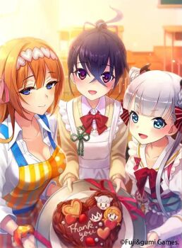  3girls apron aqua_eyes artist_request blue_eyes blush braid breasts cake chalkboard chibi chibi_inset classroom company_name cookie double_bun food hair_ornament hair_ribbon headband large_breasts long_hair looking_at_viewer multiple_girls muramasa_(phantom_of_the_kill) official_art orange_hair phantom_of_the_kill pisarl_(phantom_of_the_kill) ponytail purple_eyes purple_hair ribbon school_uniform scrunchie shirt silver_hair thank_you unbuttoned unbuttoned_shirt white_shirt yata_no_kagami yellow_scrunchie 