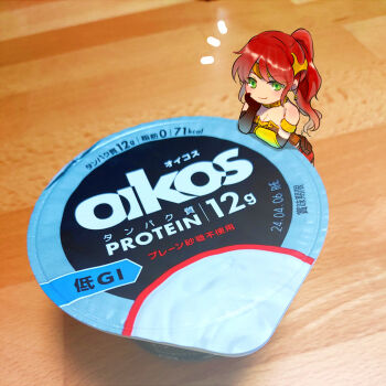  1girl armlet asymmetrical_gloves bare_shoulders belt_pouch black_gloves breasts circlet cleavage deformed elbow_gloves from_above gloves gold_armlet gold_circlet gold_collar green_eyes jewelry leaning_on_object long_hair looking_at_viewer mini_person minigirl mismatched_gloves multicolored_gloves neck_ring notice_lines photo_background ponytail pouch pyrrha_nikos red_hair red_shorts rwby shorts sidelocks smile solo sora_(efr) two-tone_gloves yellow_gloves yogurt 