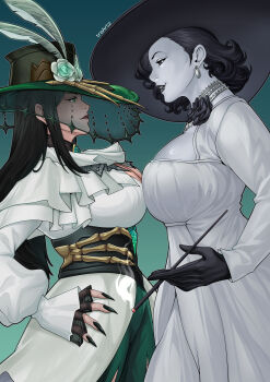  2girls absurdres alcina_dimitrescu black_corset black_gloves black_hair black_nails black_veil breast_press breasts brown_eyes cleavage cleavage_cutout clothing_cutout colored_skin commentary corsage corset crossover dress earrings english_commentary eye_contact fingernails flower gloves gradient_background green_background green_eyes green_flower green_rose grey_lips hand_on_own_hip hat hat_flower hela_(marvel) hela_(the_grim_lady)_(marvel) highres jewelry large_breasts long_fingernails long_hair looking_at_another marvel marvel_rivals mature_female multiple_girls pale_skin profile red_lips resident_evil resident_evil_village rose sharp_fingernails shirt sun_hat thor_(marvel)_(series) trait_connection tre_artz veil white_dress white_shirt white_skin 