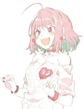  1girl :d abara_heiki ahoge armpit_crease belt_collar bloom blush bracelet collar collarbone commentary_request earrings fang frilled_wristband frills furrowed_brow hands_up heart-shaped_lock heart_collar idolmaster idolmaster_cinderella_girls jewelry open_mouth pill_earrings pink_eyes pink_hair ring shirt short_sleeves simple_background single_bare_shoulder single_off_shoulder smile solo t-shirt upper_body white_background white_shirt yumemi_riamu 
