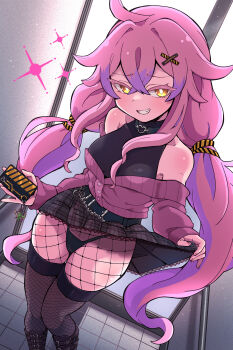  1girl bare_shoulders boots collar commentary_request es_(eisis) fishnet_pantyhose fishnets hair_between_eyes hair_ornament heart_collar highres original panties pantyhose pink_eyes pink_hair skirt smile underwear yellow_eyes 