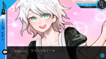 1boy :d alternate_costume apron black_dress blush brown_background brown_eyes collarbone commentary_request crossdressing crossdressing_(mtf) danganronpa_(series) danganronpa_2:_goodbye_despair dress enmaided fake_screenshot grey_hair heart komaeda_nagito maid maid_headdress male_focus male_maid multicolored_background open_mouth pink_background puffy_short_sleeves puffy_sleeves shimoneta short_sleeves smile solo sparkle teeth translation_request upper_teeth_only white_apron