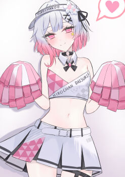  1girl absurdres belt black_ribbon blush center-flap_bangs cheerleader choker commentary_request cowboy_shot detached_collar double-parted_bangs flat_chest flower gradient_hair hair_flower hair_ornament hair_ribbon hat heart highres icedream looking_at_viewer mahou_shoujo_no_majo_saiban miniskirt multicolored_hair o-ring o-ring_choker pink_eyes pink_hair pink_sports_bra pleated_skirt pom_pom_(cheerleading) ribbon sakuraba_ema short_hair simple_background skirt smile solo spoken_heart sports_bra star_(symbol) stomach straight-on thigh_strap translation_request two-tone_hair visor_cap white_background white_flower white_hair white_hat white_skirt white_sports_bra x_hair_ornament 