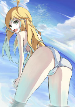  108tooya 1girl ass bent_over bikini blonde_hair cameltoe day female_focus from_behind green_eyes hoshii_miki idolmaster idolmaster_(classic) long_hair ocean outdoors solo swimsuit water white_bikini 