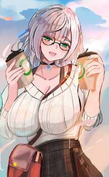  1girl absurdres bag between_breasts black-framed_eyewear blue_sky breasts cleavage cloud commentary_request cup disposable_cup glasses green_eyes grey_hair handbag highres holding holding_cup hololive kurogomatcha large_breasts looking_at_viewer official_alternate_costume outdoors shirogane_noel shirogane_noel_(casual) sky smile solo virtual_youtuber 